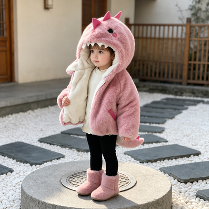 Unisex Kids Zippered Plush Dinosaur Hooded Fleece 3-8 Years