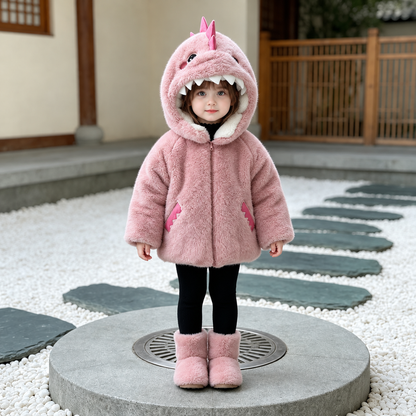 Unisex Kids Zippered Plush Dinosaur Hooded Fleece 3-8 Years
