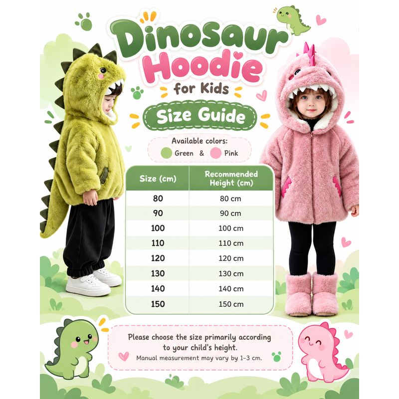 Unisex Kids Zippered Plush Dinosaur Hooded Fleece 3-8 Years